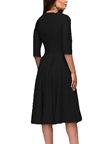 FENJAR Womens Elegance Audrey Hepburn Style Ruched 3/4 Sleeve Midi A-line Dress Black