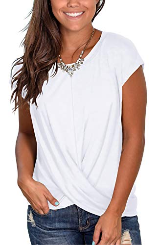 Jescakoo Women's Short Sleeve Casual Twist Front Tunic Tops Loose Blouse Tshirts White XL