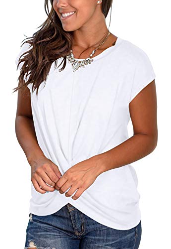 Jescakoo Women's Short Sleeve Casual Twist Front Tunic Tops Loose Blouse Tshirts White XL