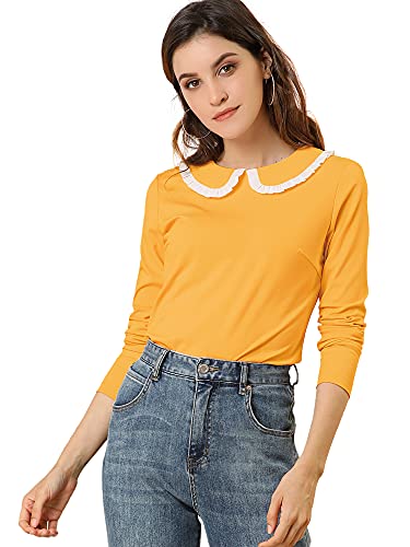 Allegra K Women's Peter Pan Collar Blouse Basic Knit T-Shirt Long Sleeve Shirt Small Yellow