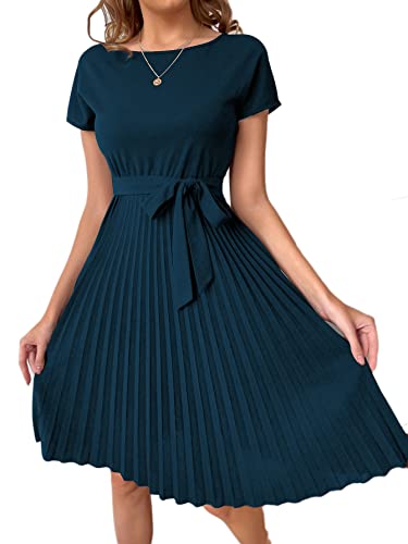 Verdusa Women's Pleated Short Sleeve High Waist Belted A Line Short Dress Teal L