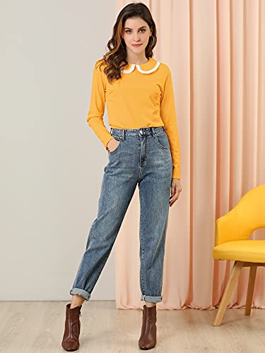 Allegra K Women's Peter Pan Collar Blouse Basic Knit T-Shirt Long Sleeve Shirt Small Yellow