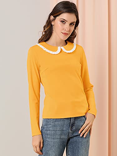 Allegra K Women's Peter Pan Collar Blouse Basic Knit T-Shirt Long Sleeve Shirt Small Yellow