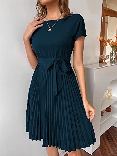 Verdusa Women's Pleated Short Sleeve High Waist Belted A Line Short Dress Teal L