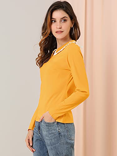 Allegra K Women's Peter Pan Collar Blouse Basic Knit T-Shirt Long Sleeve Shirt Small Yellow