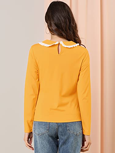 Allegra K Women's Peter Pan Collar Blouse Basic Knit T-Shirt Long Sleeve Shirt Small Yellow