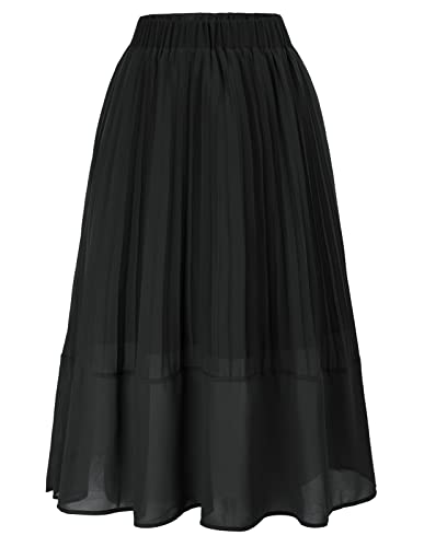 Hanna Nikole Women’s Plus Size Ankle Length Elastic Pleated Swing Maxi Chiffon Long Skirt Black 1X