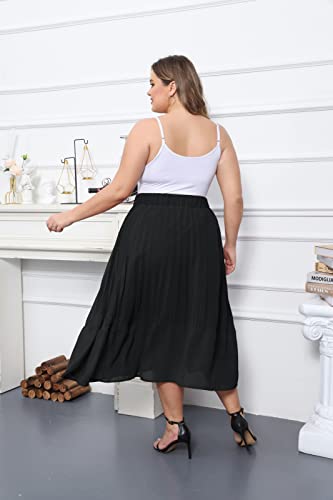 Hanna Nikole Women’s Plus Size Ankle Length Elastic Pleated Swing Maxi Chiffon Long Skirt Black 1X