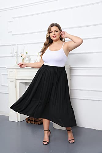Hanna Nikole Women’s Plus Size Ankle Length Elastic Pleated Swing Maxi Chiffon Long Skirt Black 1X