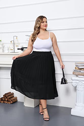 Hanna Nikole Women’s Plus Size Ankle Length Elastic Pleated Swing Maxi Chiffon Long Skirt Black 1X