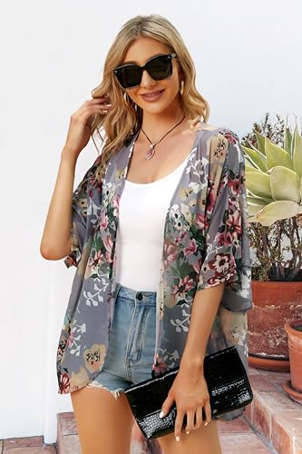 Women's Floral Print Puff Sleeve Kimono Cardigan Loose Cover Up Casual Blouse Tops(Dark Grey,L)