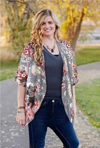 Women's Floral Print Puff Sleeve Kimono Cardigan Loose Cover Up Casual Blouse Tops(Dark Grey,L)