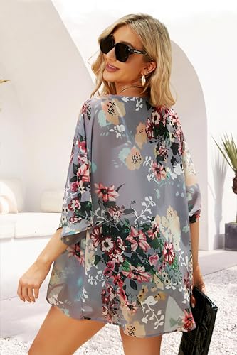 Women's Floral Print Puff Sleeve Kimono Cardigan Loose Cover Up Casual Blouse Tops(Dark Grey,L)