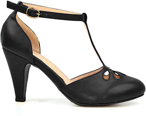 Chase & Chloe Kimmy-36 Women's Teardrop Cut Out T-Strap Mid Heel Dress Pumps (10, Black PU)