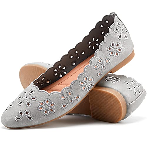 Women's Ballet Flats Black PU Leather Dress Shoes Comfortable Round Toe Slip on Flats with Floral Eyelets(Gray.US10)