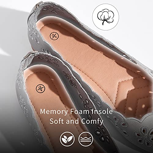 Women's Ballet Flats Black PU Leather Dress Shoes Comfortable Round Toe Slip on Flats with Floral Eyelets(Gray.US10)
