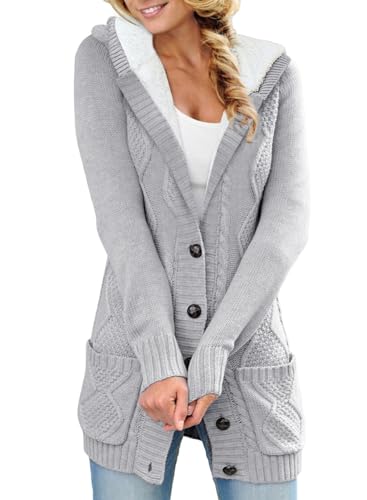 Sidefeel Women Fleece Lined Hooded Sweater Cardigan Button Down Front Winter Coat X-Large Gray