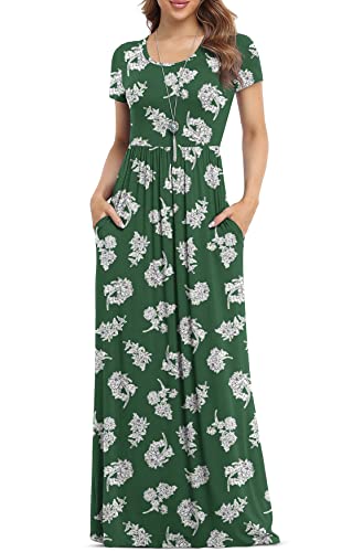 VIISHOW Women's Short Sleeve Floral Dress Loose Plain Maxi Dresses Casual Long Dresses with Pockets(Green White Flower X-Small)