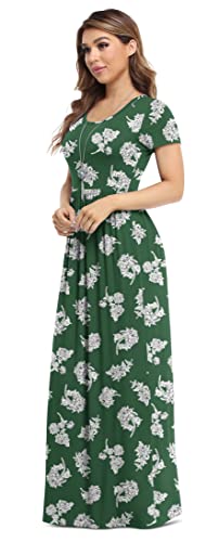VIISHOW Women's Short Sleeve Floral Dress Loose Plain Maxi Dresses Casual Long Dresses with Pockets(Green White Flower X-Small)