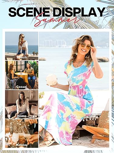 VIISHOW Women's Short Sleeve Floral Dress Loose Plain Maxi Dresses Casual Long Dresses with Pockets(Green White Flower X-Small)