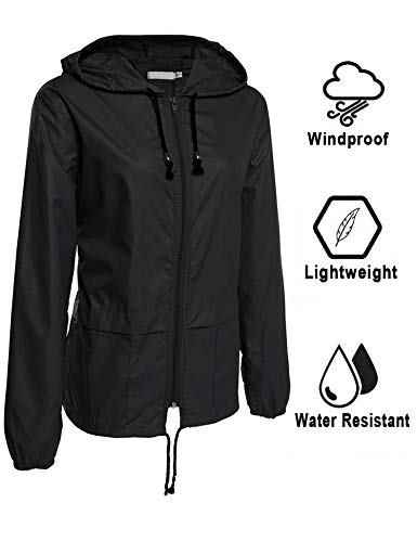 Avoogue Lightweight Raincoat Women's Waterproof Windbreaker Packable Outdoor Hooded Fall Rain Jacket Biking Coats Black M
