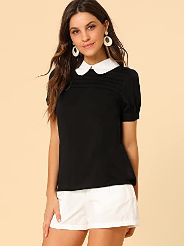 Allegra K Women's Vintage Peter Pan Collar Contrast Puff Short Sleeve Blouse Top X-Large Black