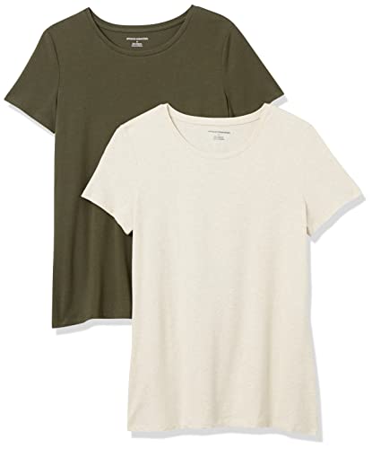 Amazon Essentials Women's Classic-Fit Short-Sleeve Crewneck T-Shirt, Pack of 2, Olive/Oatmeal Heather, X-Small
