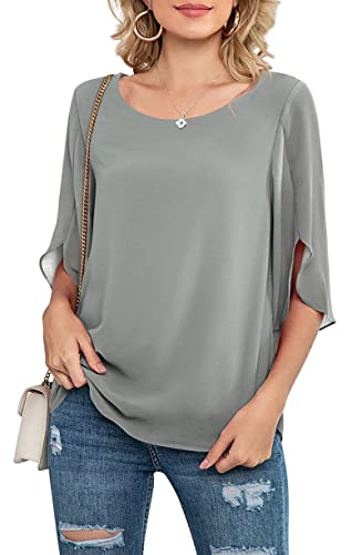 Neineiwu Women's Loose Casual 3/4 Sleeve Chiffon Top T-Shirt Blouse (Grey L)