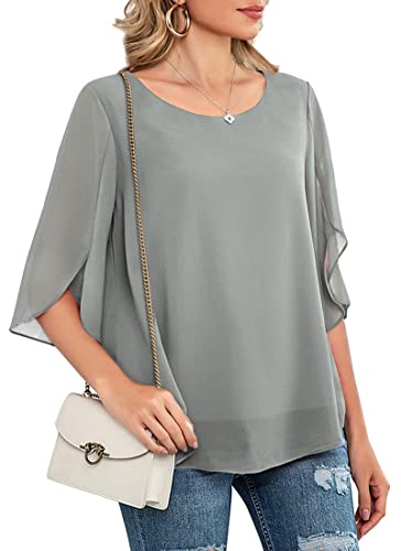 Neineiwu Women's Loose Casual 3/4 Sleeve Chiffon Top T-Shirt Blouse (Grey L)