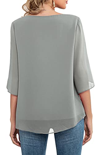 Neineiwu Women's Loose Casual 3/4 Sleeve Chiffon Top T-Shirt Blouse (Grey L)