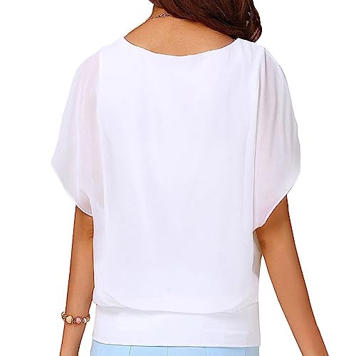 Neineiwu Ladies Loose Chiffon Top Round Neck Batwing Short Sleeve Casual T-Shirt (White S)
