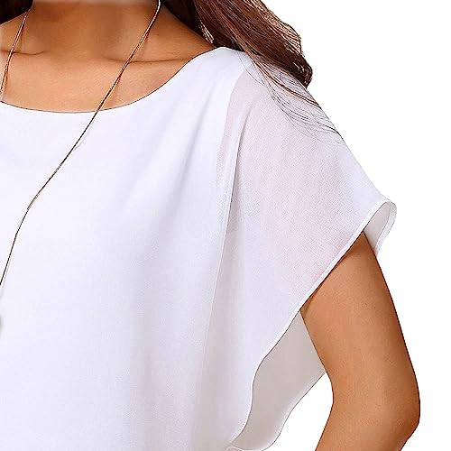 Neineiwu Ladies Loose Chiffon Top Round Neck Batwing Short Sleeve Casual T-Shirt (White S)