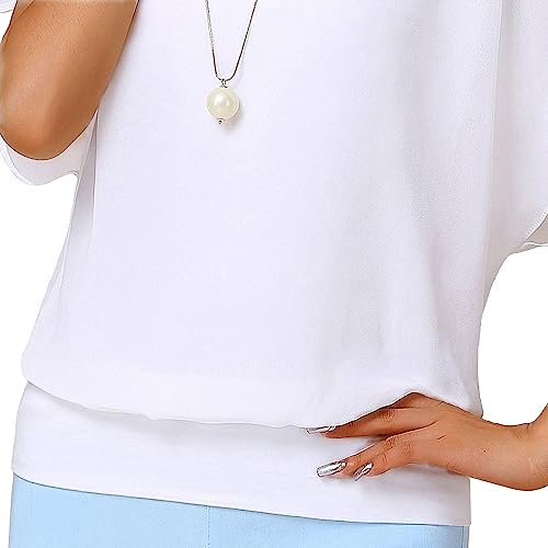 Neineiwu Ladies Loose Chiffon Top Round Neck Batwing Short Sleeve Casual T-Shirt (White S)