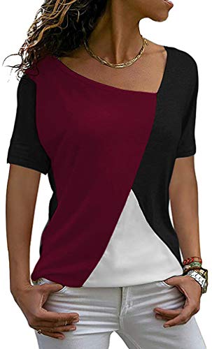 AYIFU Womens 2023 Summer Tops Short Sleeve Shirts Asymmetric Neck Casual Tunic Color Block Blouses (3-Wine Red, XL)