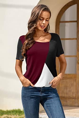 AYIFU Womens 2023 Summer Tops Short Sleeve Shirts Asymmetric Neck Casual Tunic Color Block Blouses (3-Wine Red, XL)