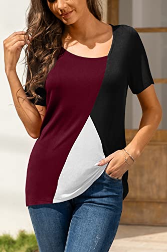 AYIFU Womens 2023 Summer Tops Short Sleeve Shirts Asymmetric Neck Casual Tunic Color Block Blouses (3-Wine Red, XL)