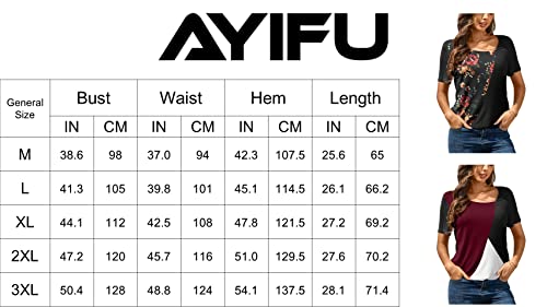 AYIFU Womens 2023 Summer Tops Short Sleeve Shirts Asymmetric Neck Casual Tunic Color Block Blouses (3-Wine Red, XL)