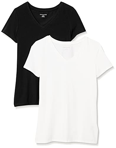 Amazon Essentials Women's Classic-Fit Short-Sleeve V-Neck T-Shirt, Pack of 2, Black/White, Medium