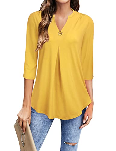 VALOLIA Womens Tops Dressy Casual, Womens Blouses and Tops Dressy 3/4 Sleeve Tunic Tops V Neck Business Casual Tops for Womens Summer Fashion 2023 Tops Yellow Shirts For Women Ginger Large