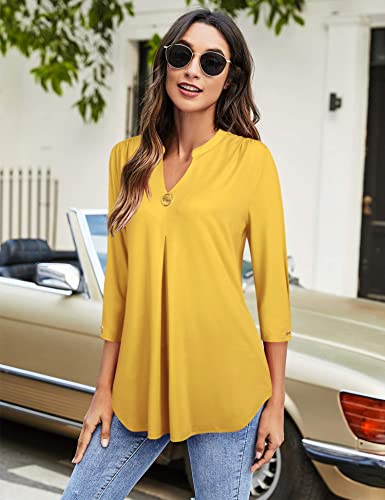 VALOLIA Womens Tops Dressy Casual, Womens Blouses and Tops Dressy 3/4 Sleeve Tunic Tops V Neck Business Casual Tops for Womens Summer Fashion 2023 Tops Yellow Shirts For Women Ginger Large