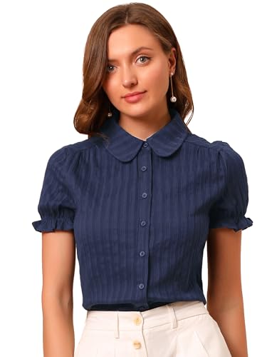 Allegra K Women's Cotton Frilled Top Turndown Collar Solid Blouse Shirt Large Blue