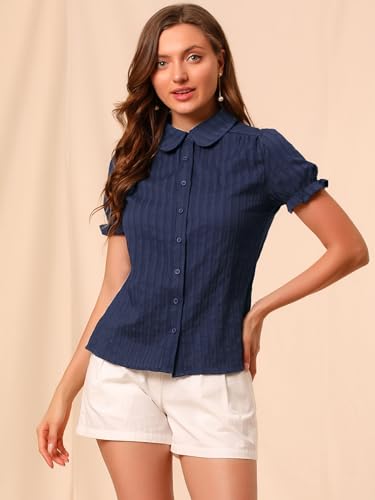 Allegra K Women's Cotton Frilled Top Turndown Collar Solid Blouse Shirt Large Blue