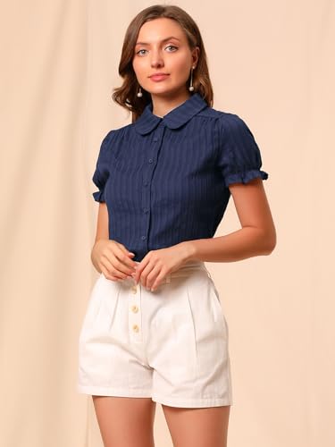 Allegra K Women's Cotton Frilled Top Turndown Collar Solid Blouse Shirt Large Blue