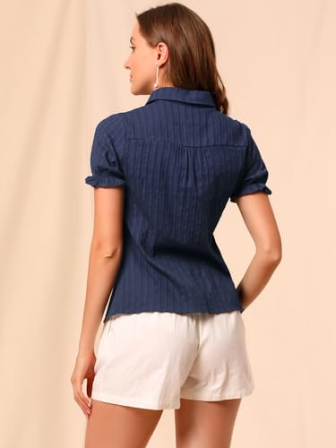 Allegra K Women's Cotton Frilled Top Turndown Collar Solid Blouse Shirt Large Blue