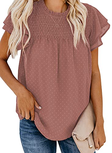 Dokotoo Womens Stylish Spring Front Smocked Ruffle Crewneck Short Sleeve Pom Pom Shirts Soft Cute Solid Basic Swiss Dot Chiffon Blouses Tops with Back Self Tie Red Medium