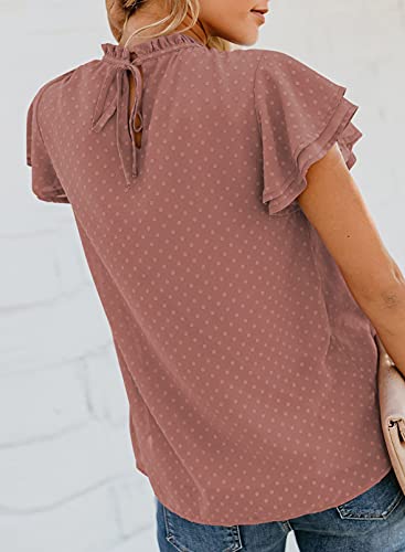 Dokotoo Womens Stylish Spring Front Smocked Ruffle Crewneck Short Sleeve Pom Pom Shirts Soft Cute Solid Basic Swiss Dot Chiffon Blouses Tops with Back Self Tie Red Medium