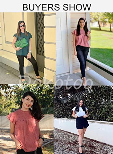 Dokotoo Womens Stylish Spring Front Smocked Ruffle Crewneck Short Sleeve Pom Pom Shirts Soft Cute Solid Basic Swiss Dot Chiffon Blouses Tops with Back Self Tie Red Medium