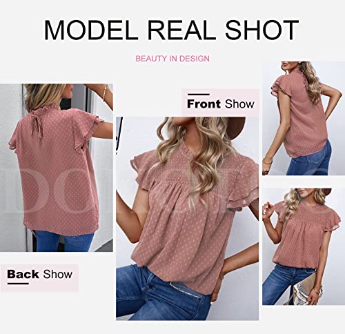 Dokotoo Womens Stylish Spring Front Smocked Ruffle Crewneck Short Sleeve Pom Pom Shirts Soft Cute Solid Basic Swiss Dot Chiffon Blouses Tops with Back Self Tie Red Medium