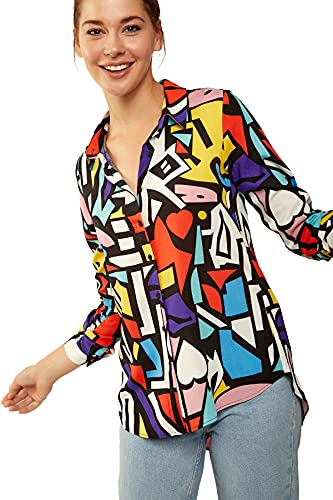 Blouses for Women Fashion, Casual Long Sleeve Button Down Shirts Tops, XS-3XL (Red Yellow Mix Colors, Small)