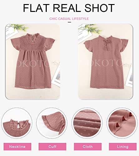 Dokotoo Womens Stylish Spring Front Smocked Ruffle Crewneck Short Sleeve Pom Pom Shirts Soft Cute Solid Basic Swiss Dot Chiffon Blouses Tops with Back Self Tie Red Medium